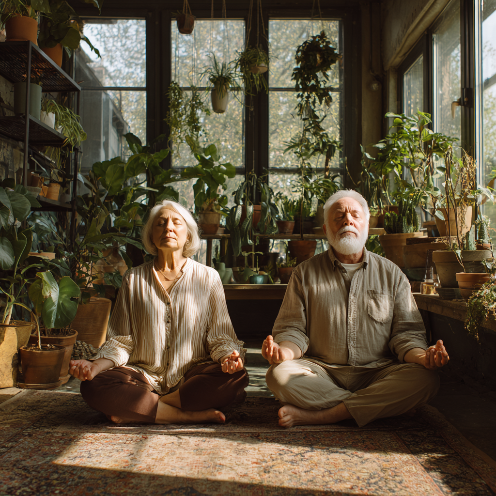 Smiling middle-aged Ukrainian woman practicing breathing exercises in a peaceful outdoor setting with soft natural lighting