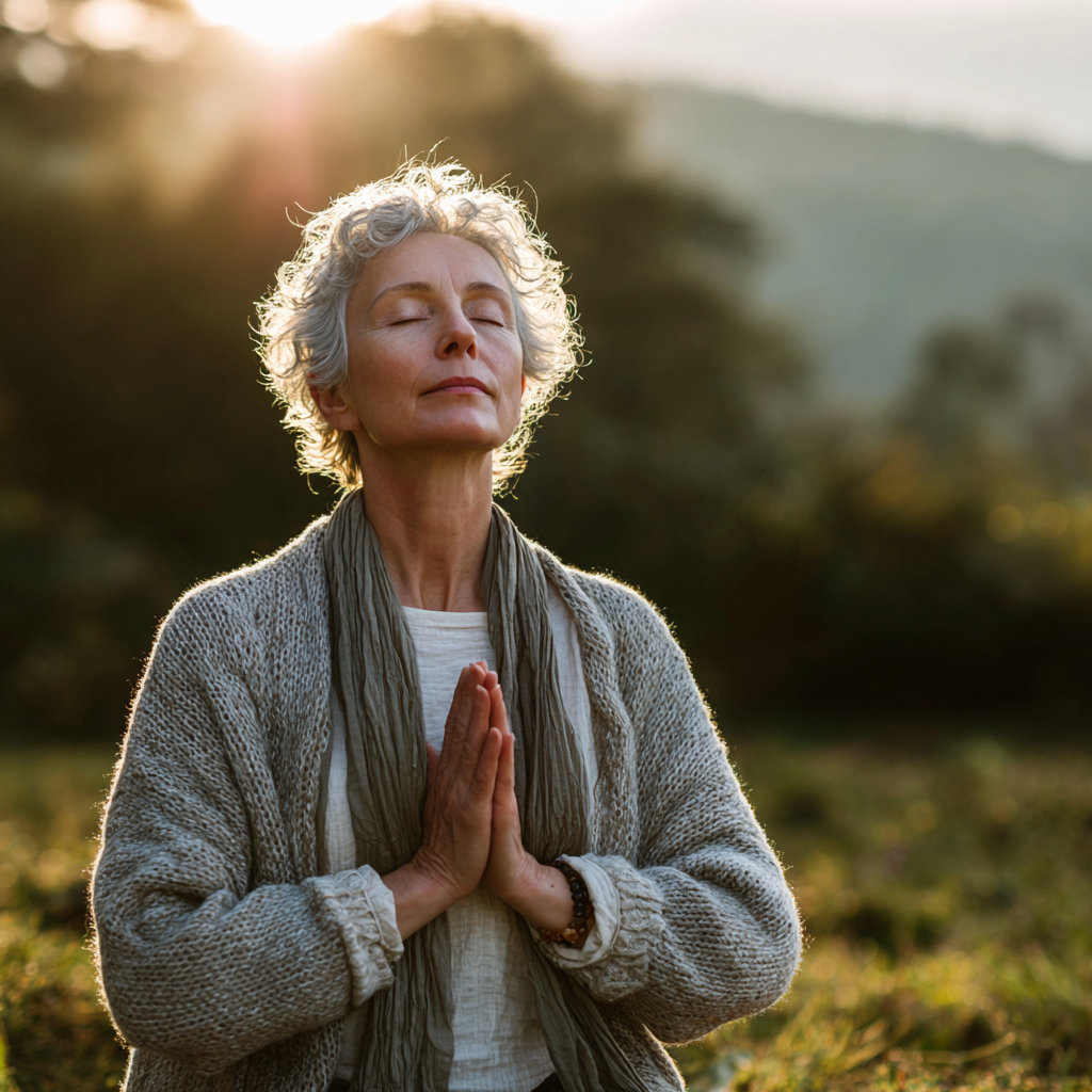 Peaceful elderly Ukrainian couple meditating together in a serene indoor space with plants and natural light streaming through windows